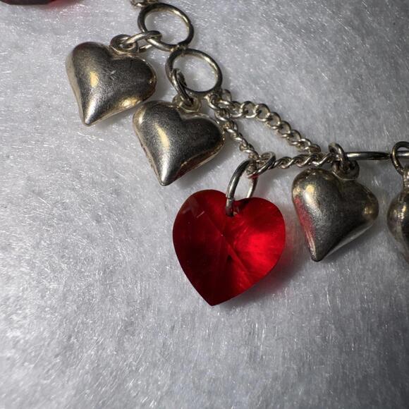 925 Sterling Silver Heart Chain Bracelet Made With SWAROVSKI  Red Crystal Hearts - Picture 2 of 12
